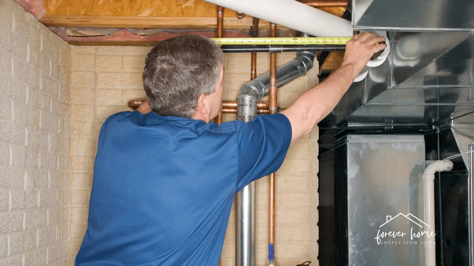Inspector in a blue shirt examining a furnace and water lines in a basement utility area