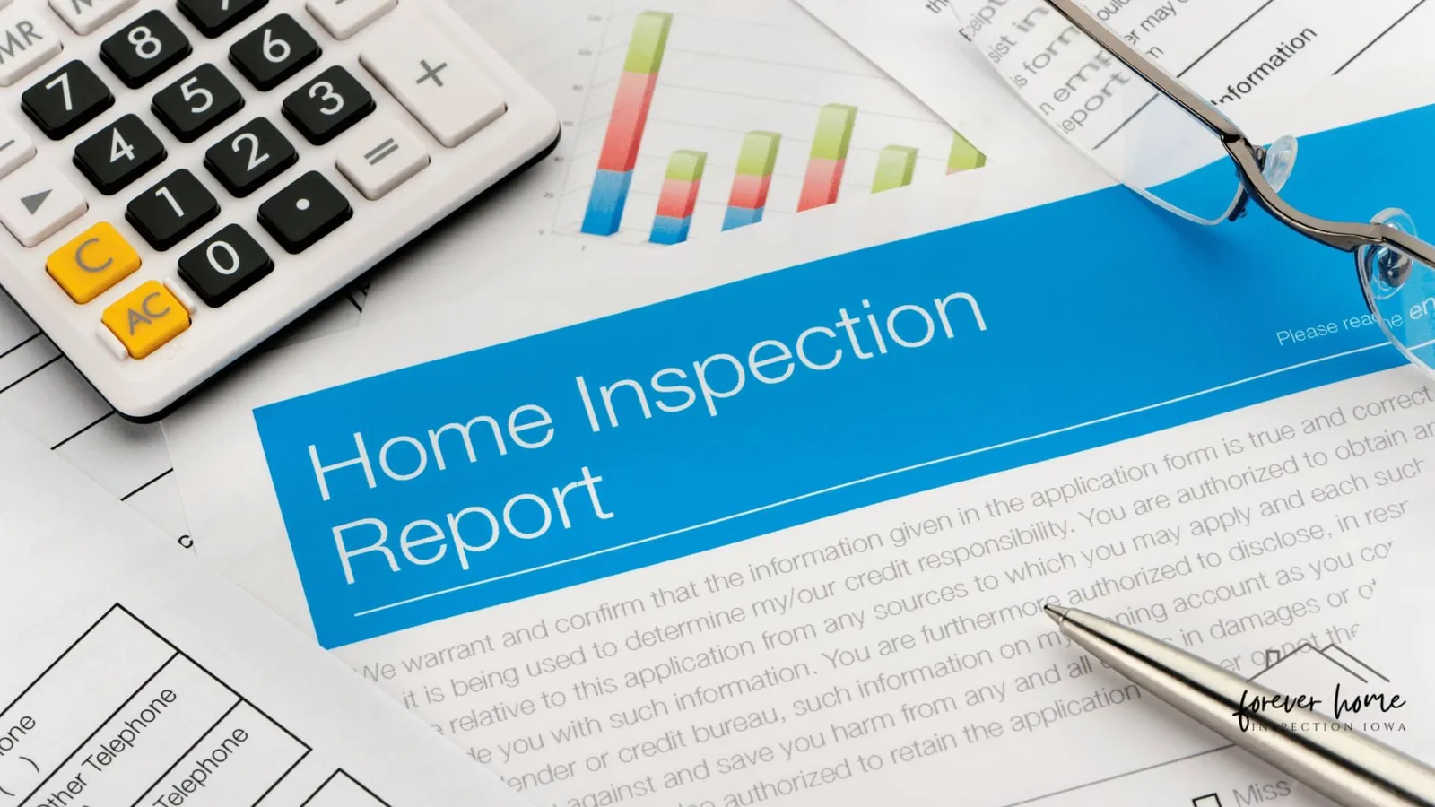 Home inspection report paperwork beside a calculator, a pen, and a bar chart
