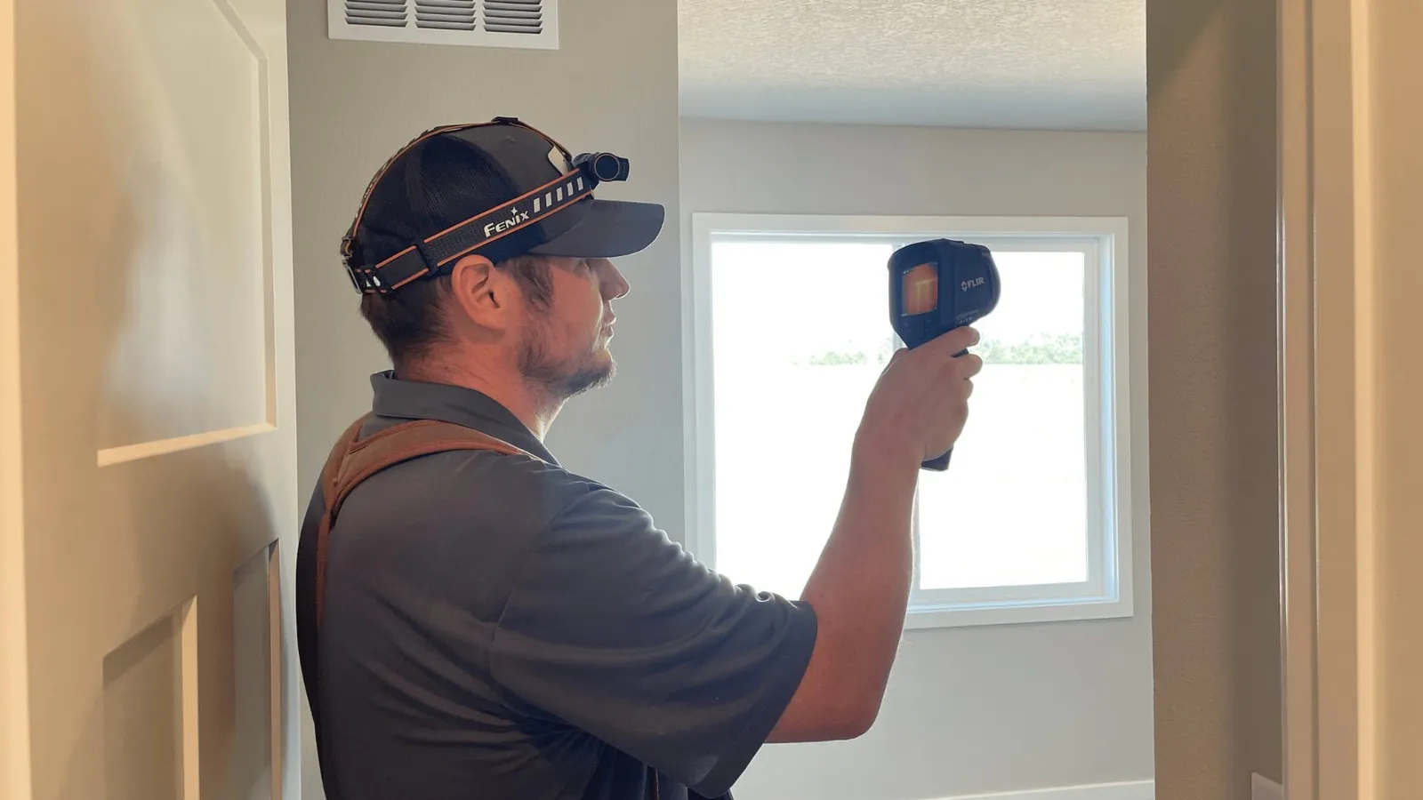 Inspector holding a thermal imaging camera up to a window frame