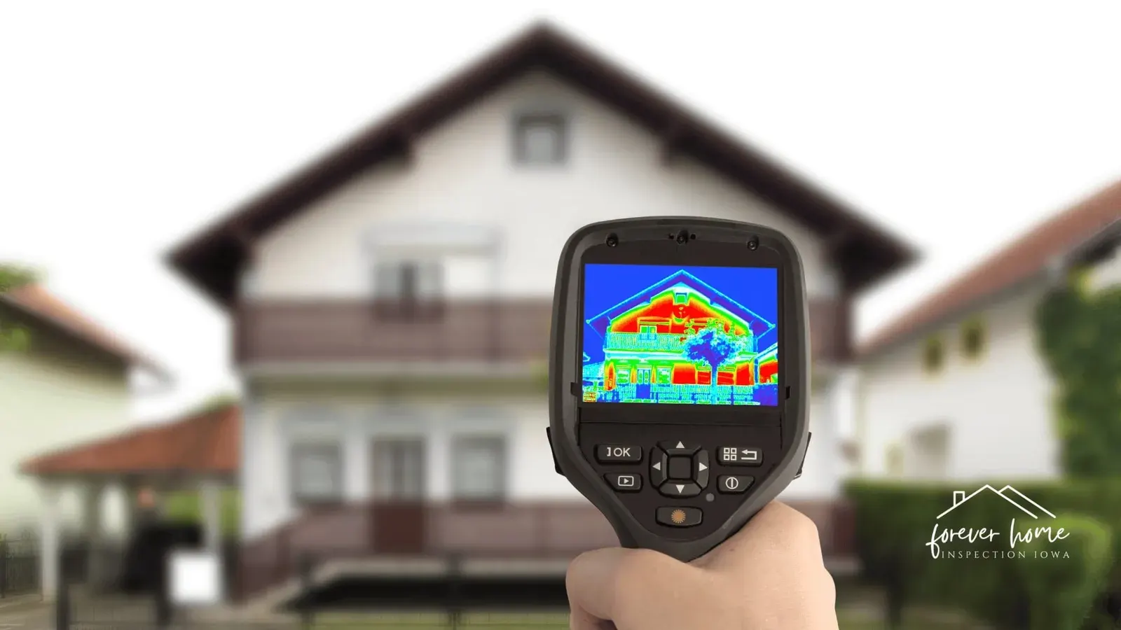 Thermal camera screen showing heat patterns on a two-story house