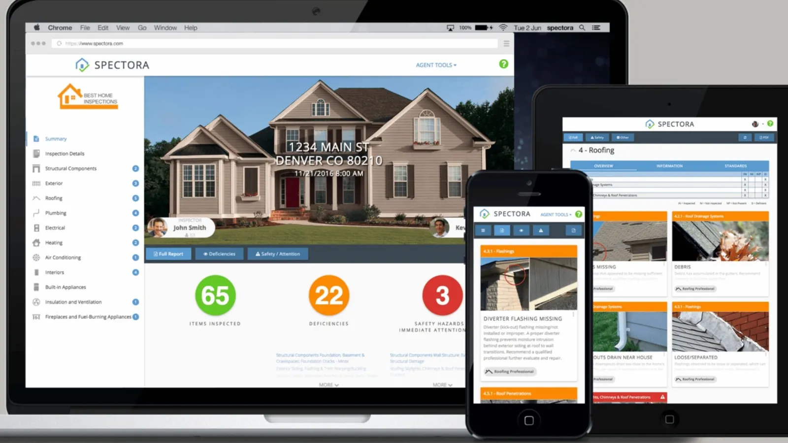 Inspection report software shown on a laptop, tablet, and phone