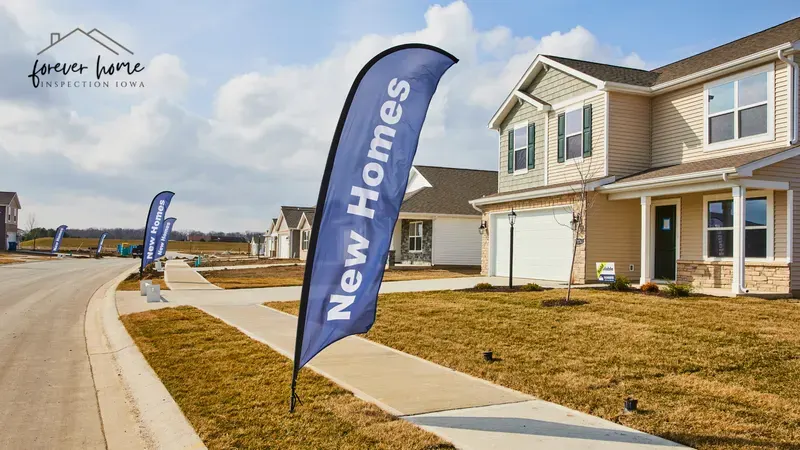 New homes on a subdivision street with a New Homes flag at the curb
