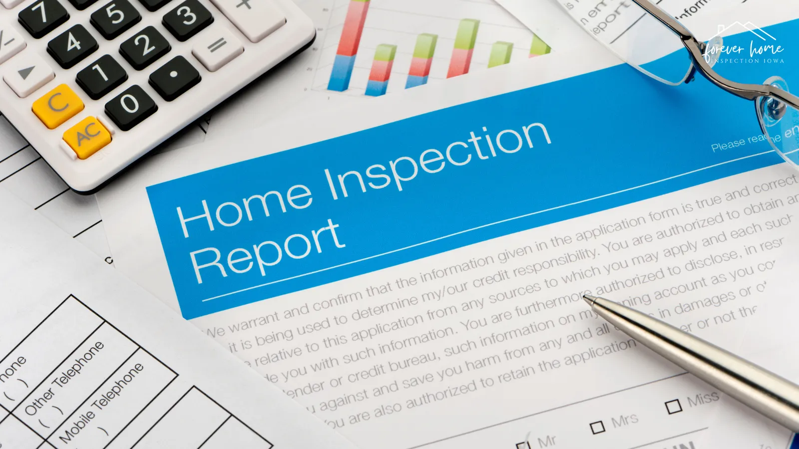Home inspection report form next to a calculator and a pen