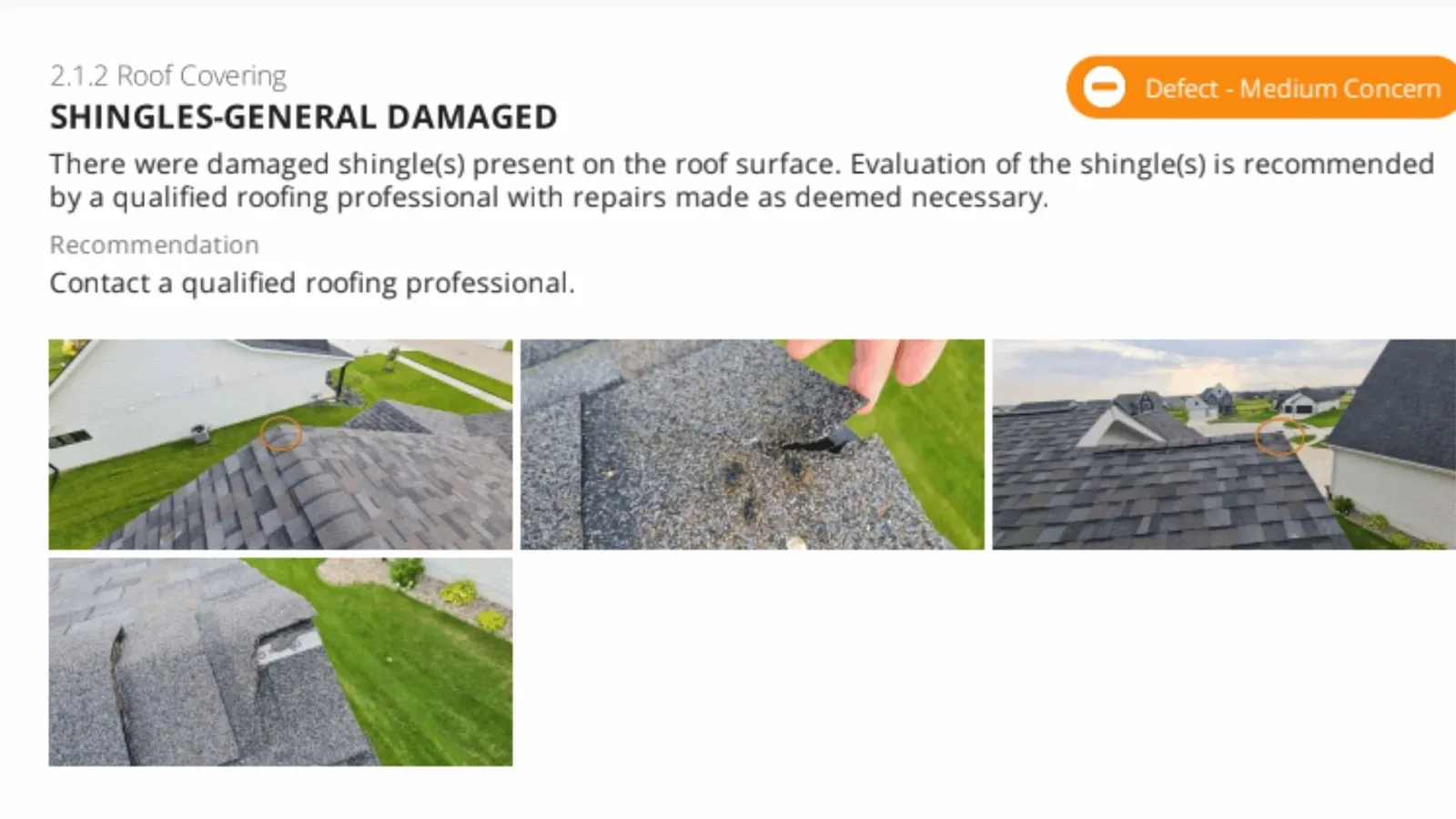 Sample report page flagging damaged roof shingles, with four roof photos