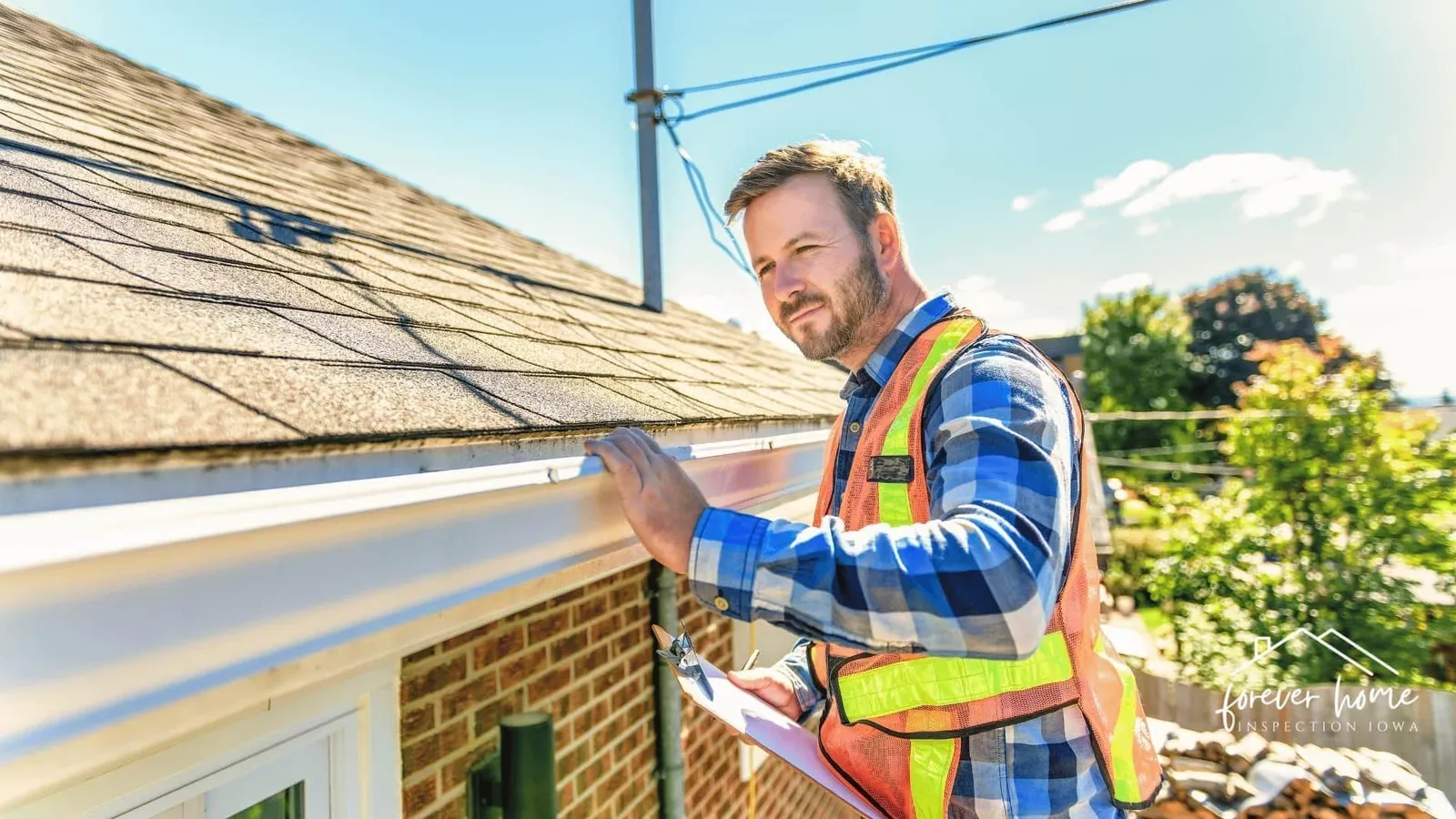 Roofer in a safety vest checking shingles at the edge of a roof