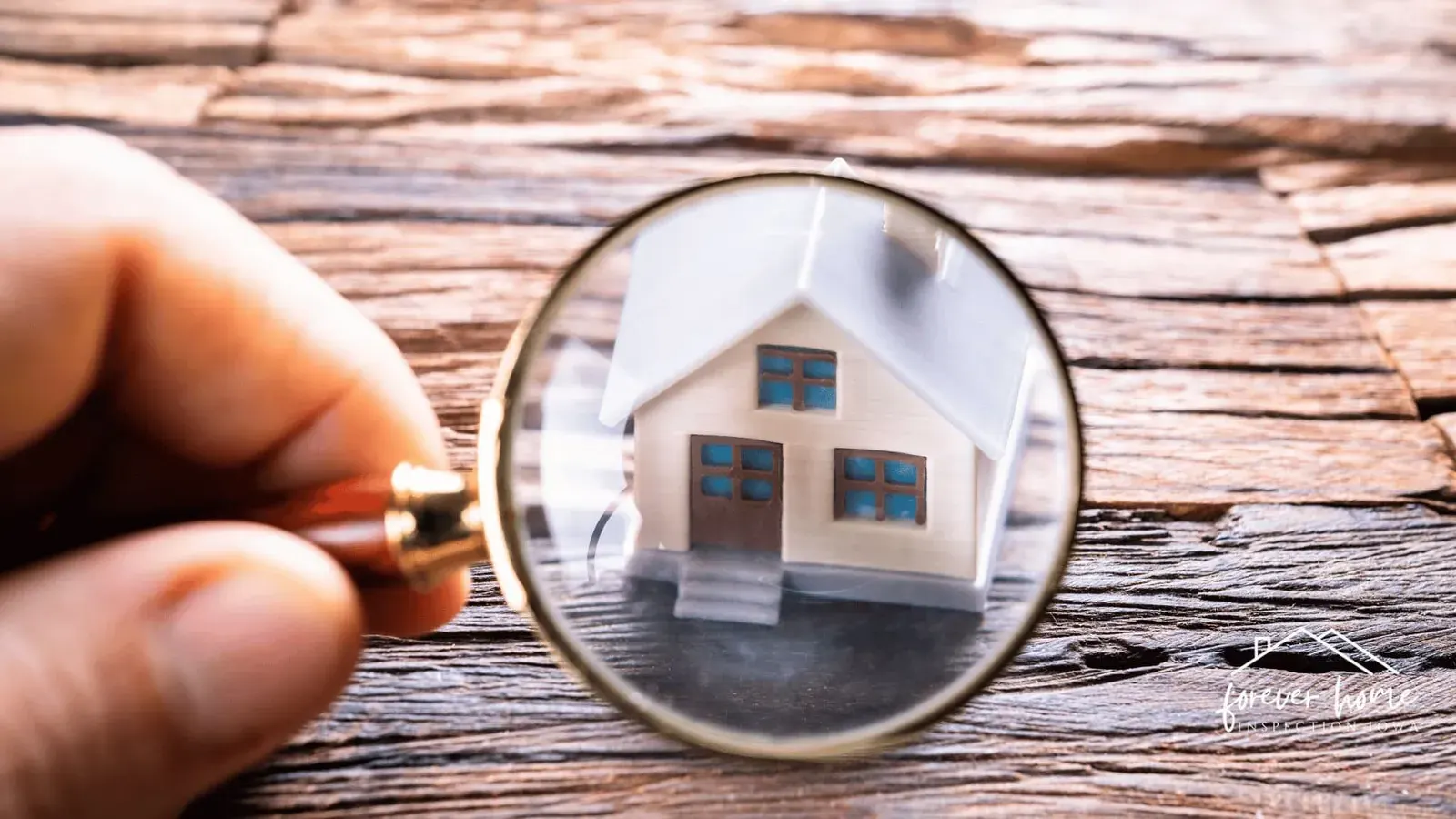Magnifying glass held over a small model house on a wood table