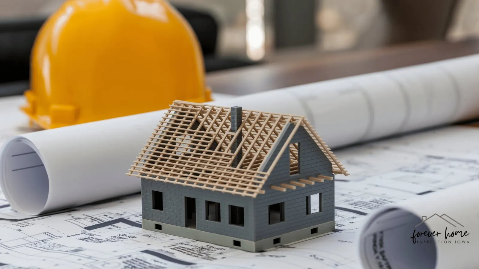 Hard hat and rolled blueprints beside a framed model house