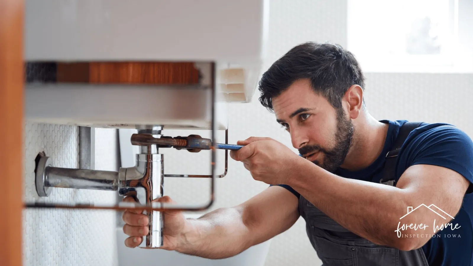 Plumber working on pipes under a sink with a wrench