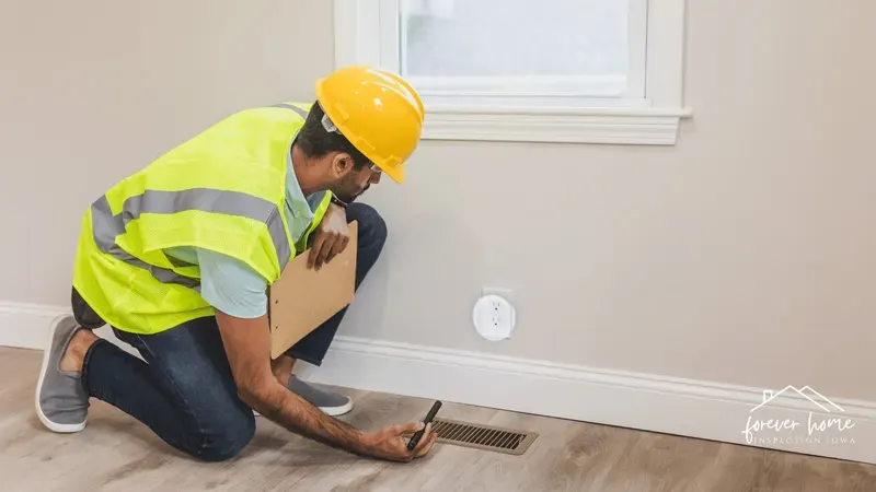 Inspector in a hard hat and safety vest kneeling to check a floor vent