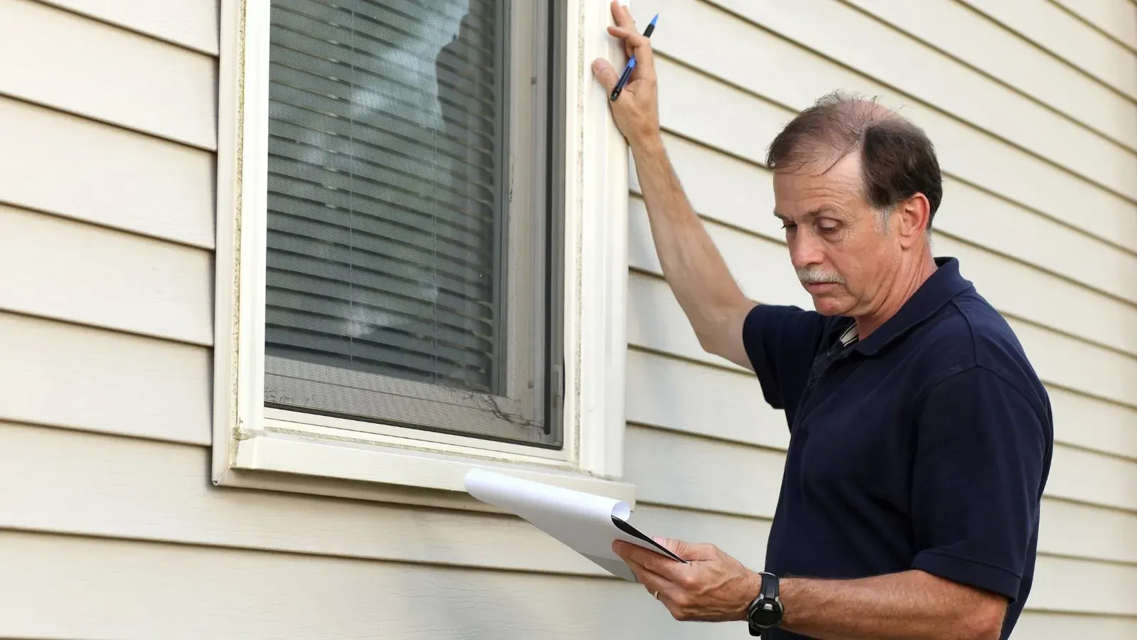 Inspector holding a clipboard and pointing to a window on a home's siding