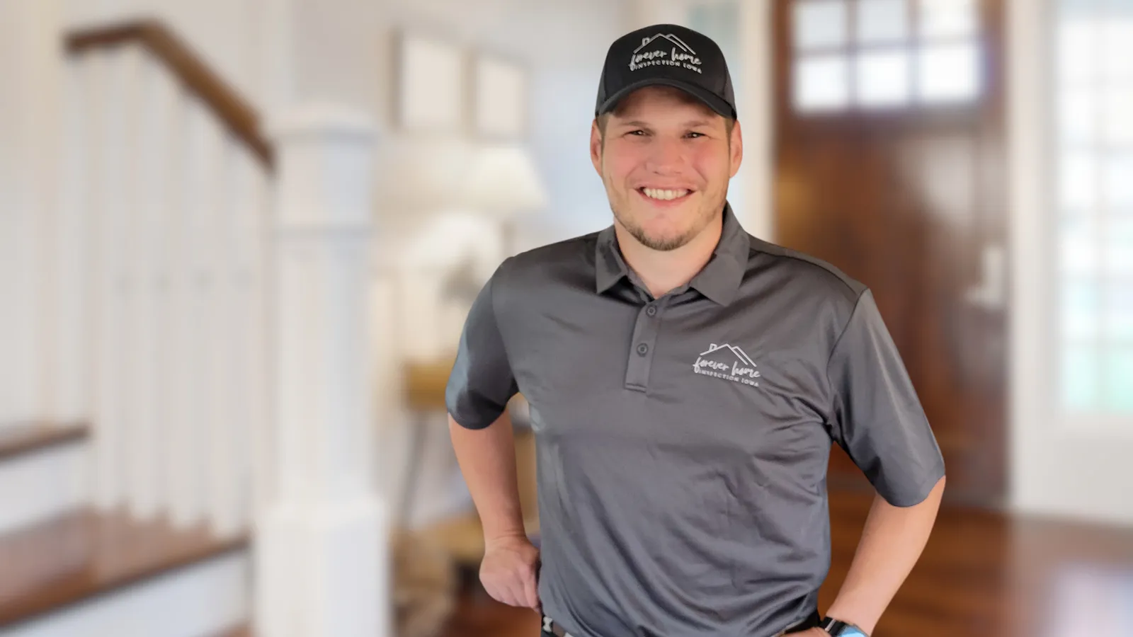 Smiling inspector in a Forever Home Inspection Iowa polo and cap