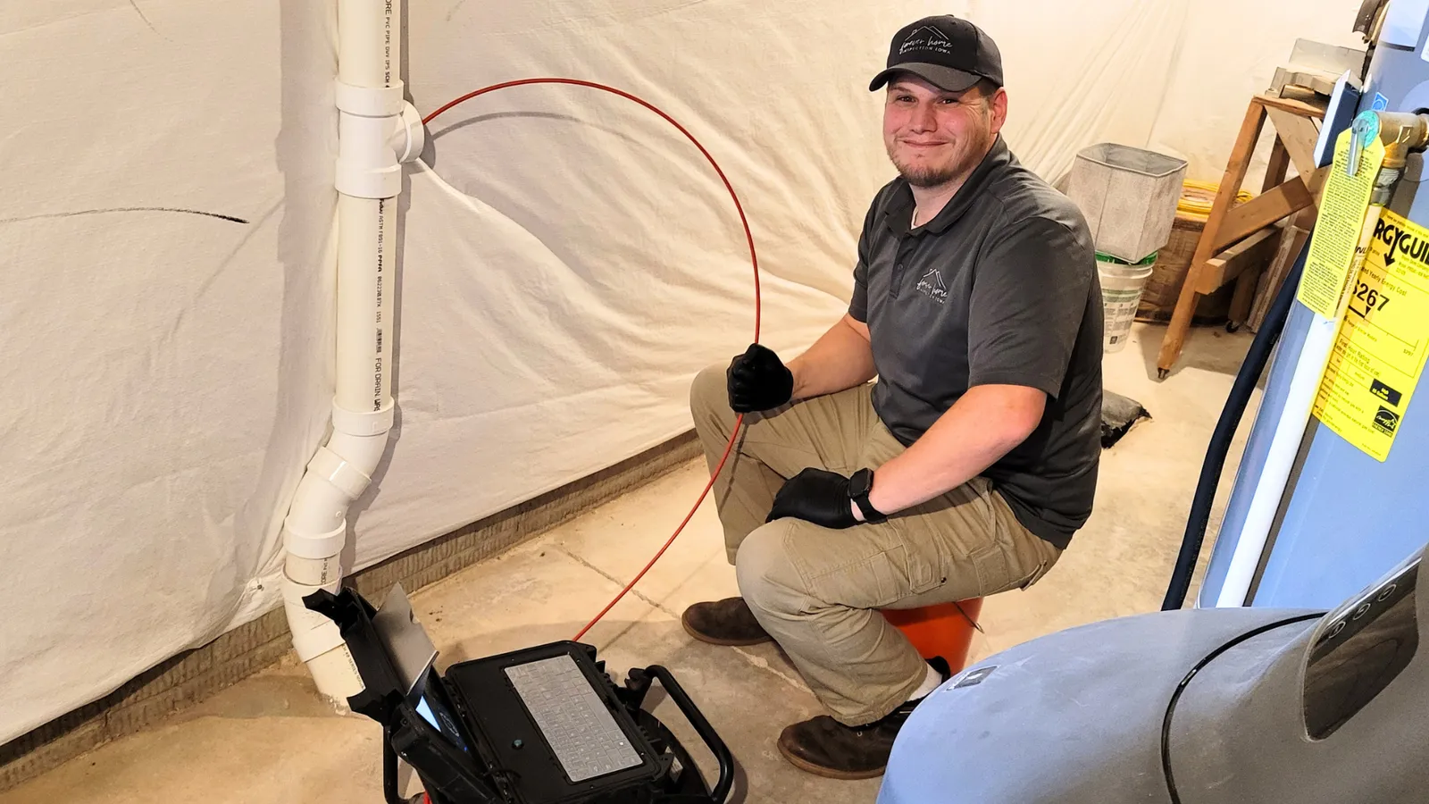 Inspector running a sewer camera from a basement cleanout