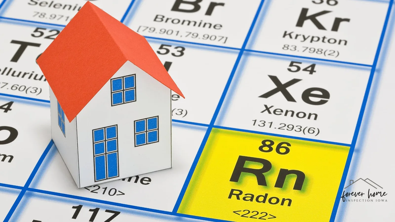Periodic table close-up of radon (Rn) with a small paper house