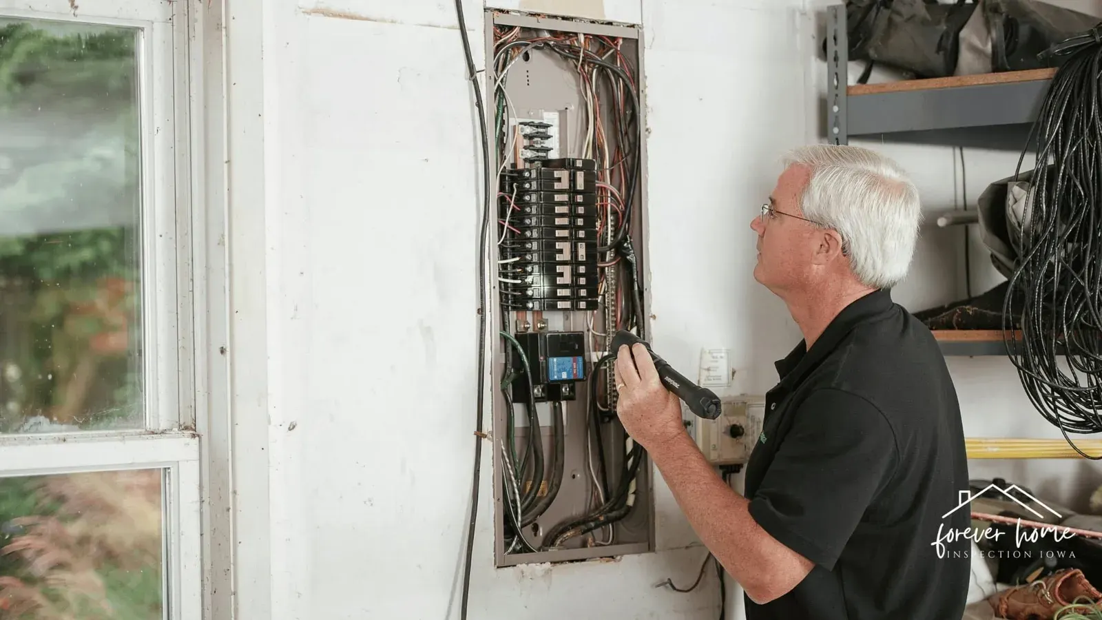 Inspector examining the wiring in an open electrical panel