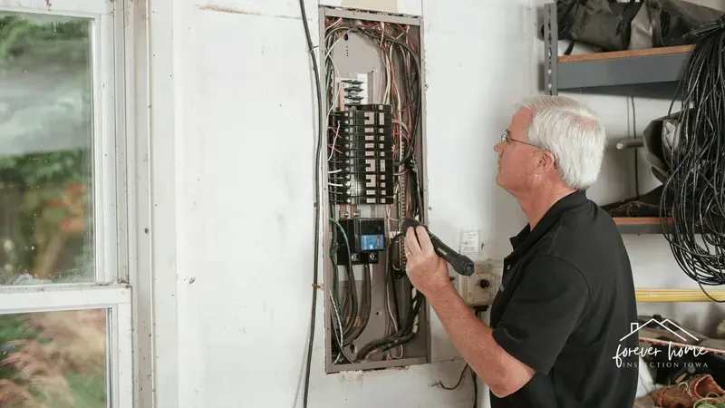 Inspector examining the wiring in an open electrical panel