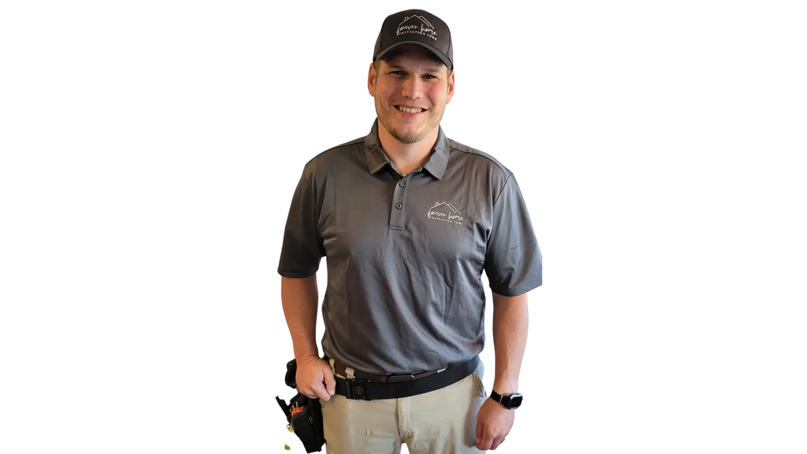 Smiling inspector in a Forever Home Inspection Iowa polo and cap