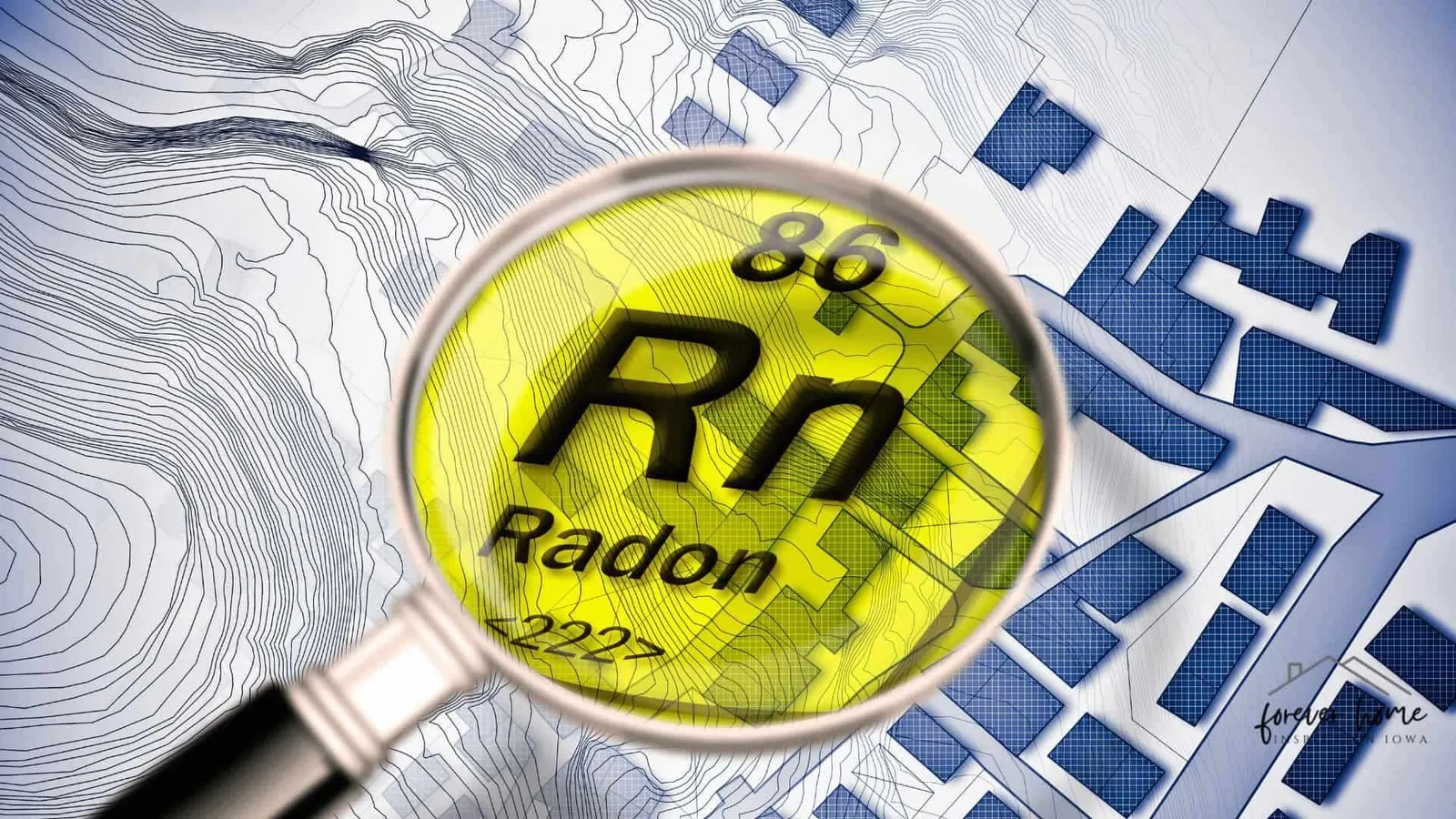 Magnifying glass over the radon (Rn) symbol on a map