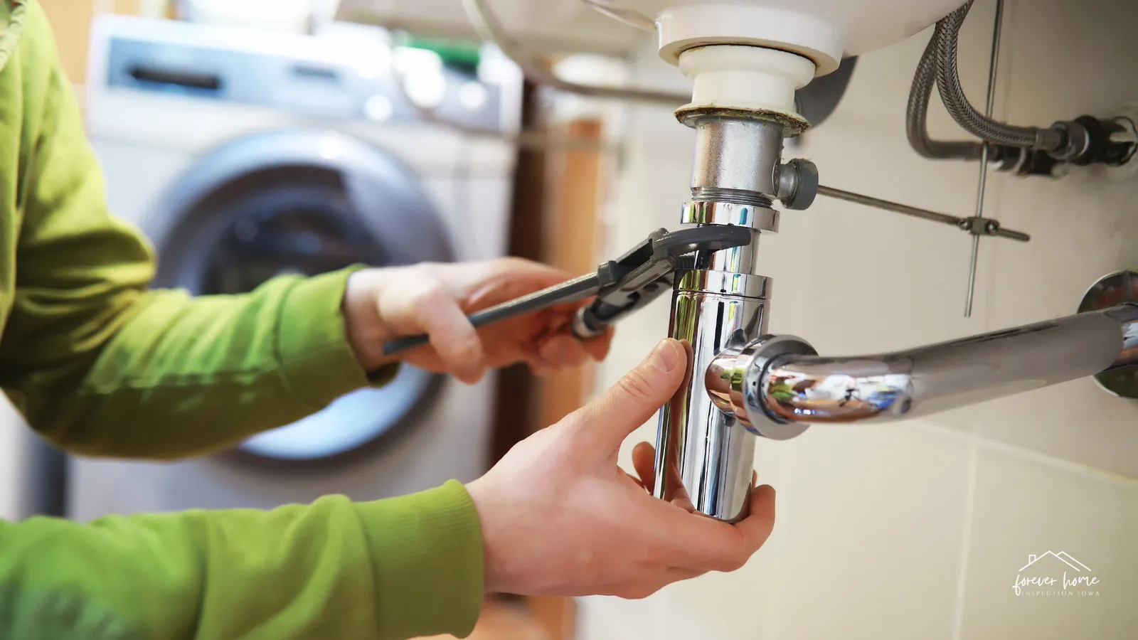 Hands tightening a chrome drain pipe under a sink