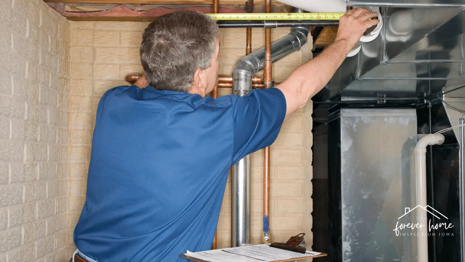 Inspector in a blue shirt examining a furnace and water lines in a basement