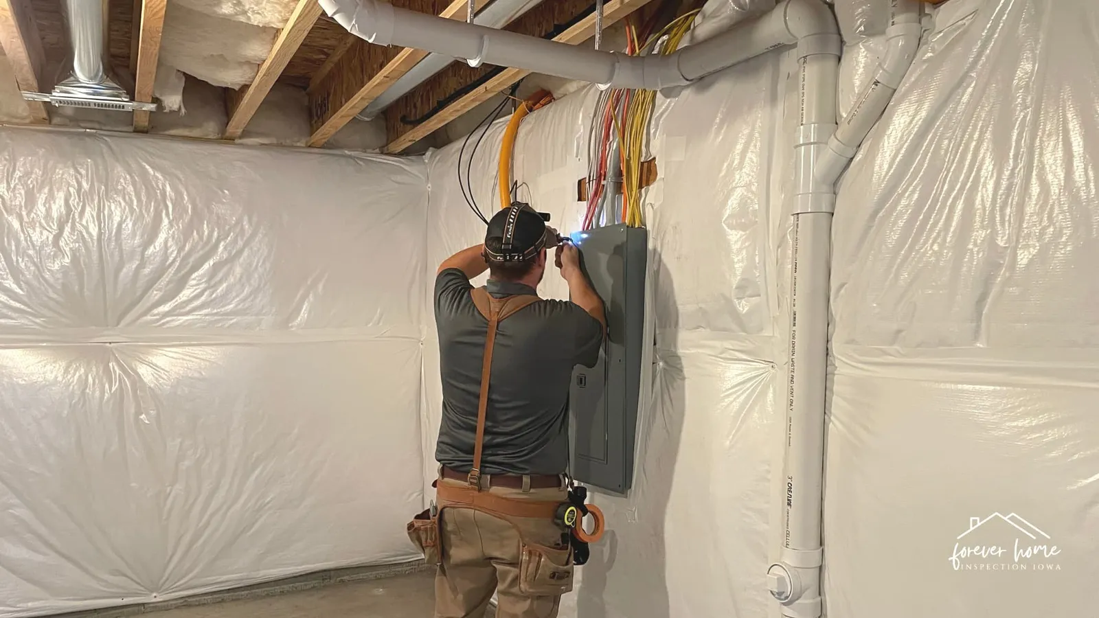 Inspector checking an electrical panel in an unfinished basement