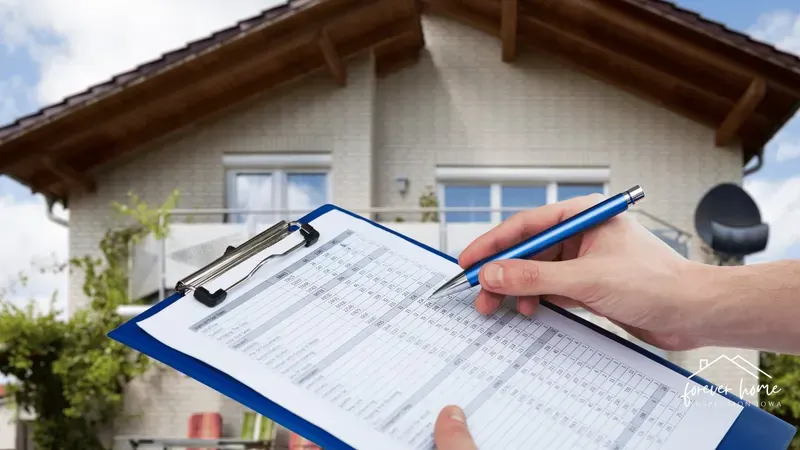 Hand filling out an inspection checklist on a clipboard in front of a house