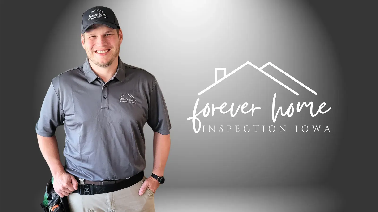 Smiling inspector in a Forever Home Inspection Iowa polo, next to the company logo