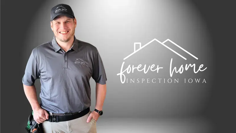Smiling inspector in a Forever Home Inspection Iowa polo, next to the company logo