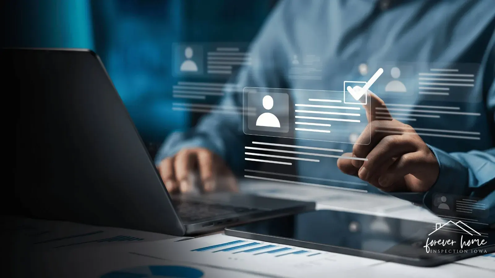 Person using a laptop with digital report icons overlaid on the screen