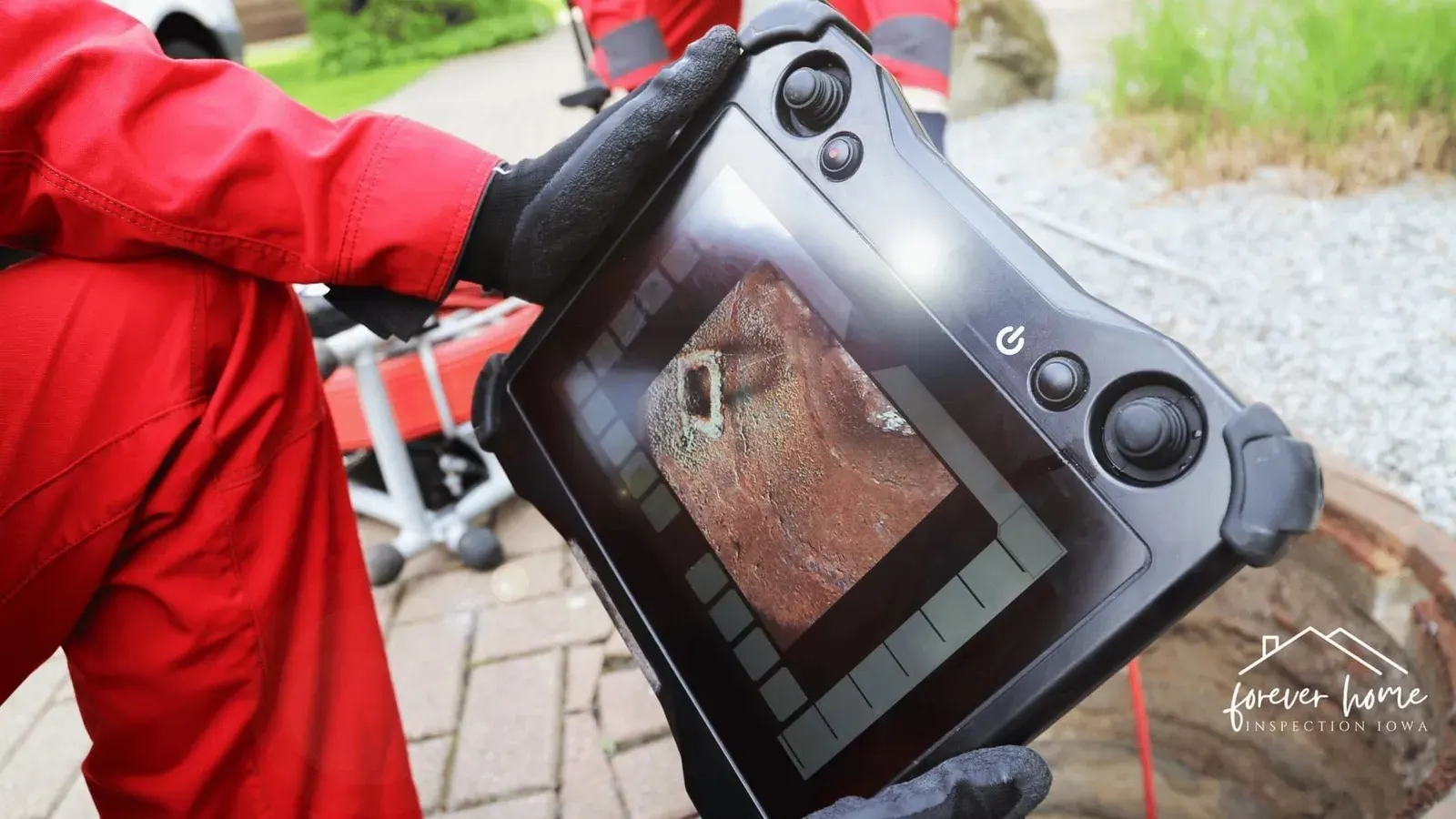Sewer camera monitor held over a pipe opening outdoors