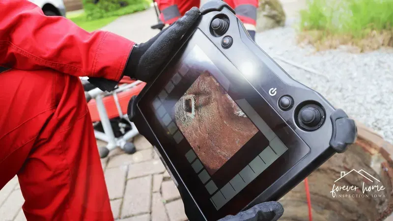 Sewer camera monitor held over a pipe opening outdoors