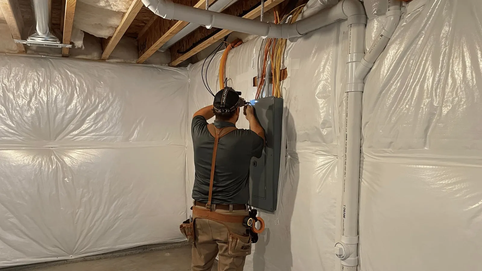 Inspector checking an electrical panel in an unfinished basement