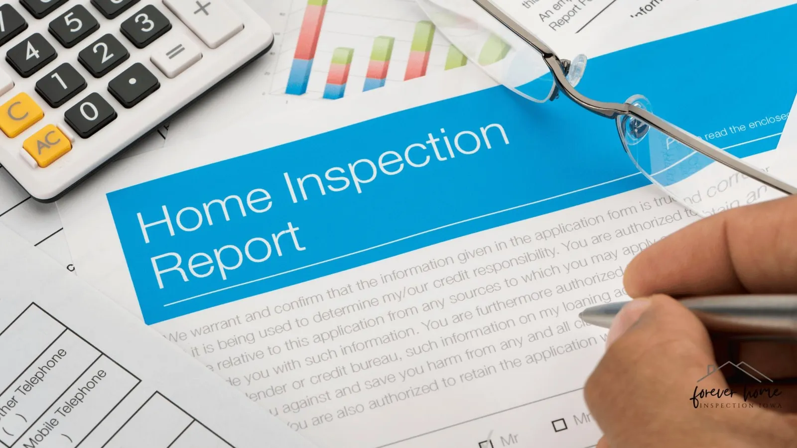 Home inspection report form next to a calculator, with a hand holding a pen