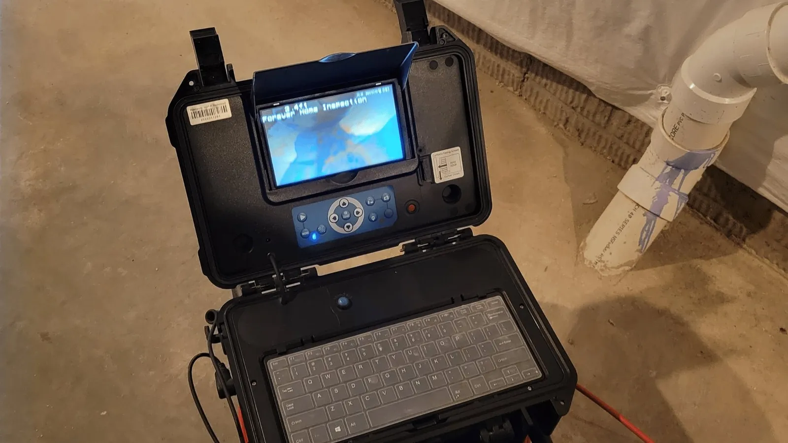 Sewer camera monitor showing the inside of a drain pipe