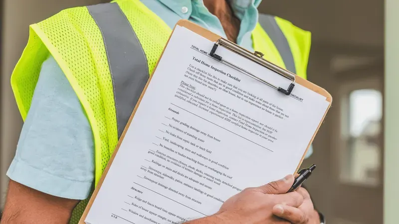 Inspector in a safety vest holding a checklist on a clipboard