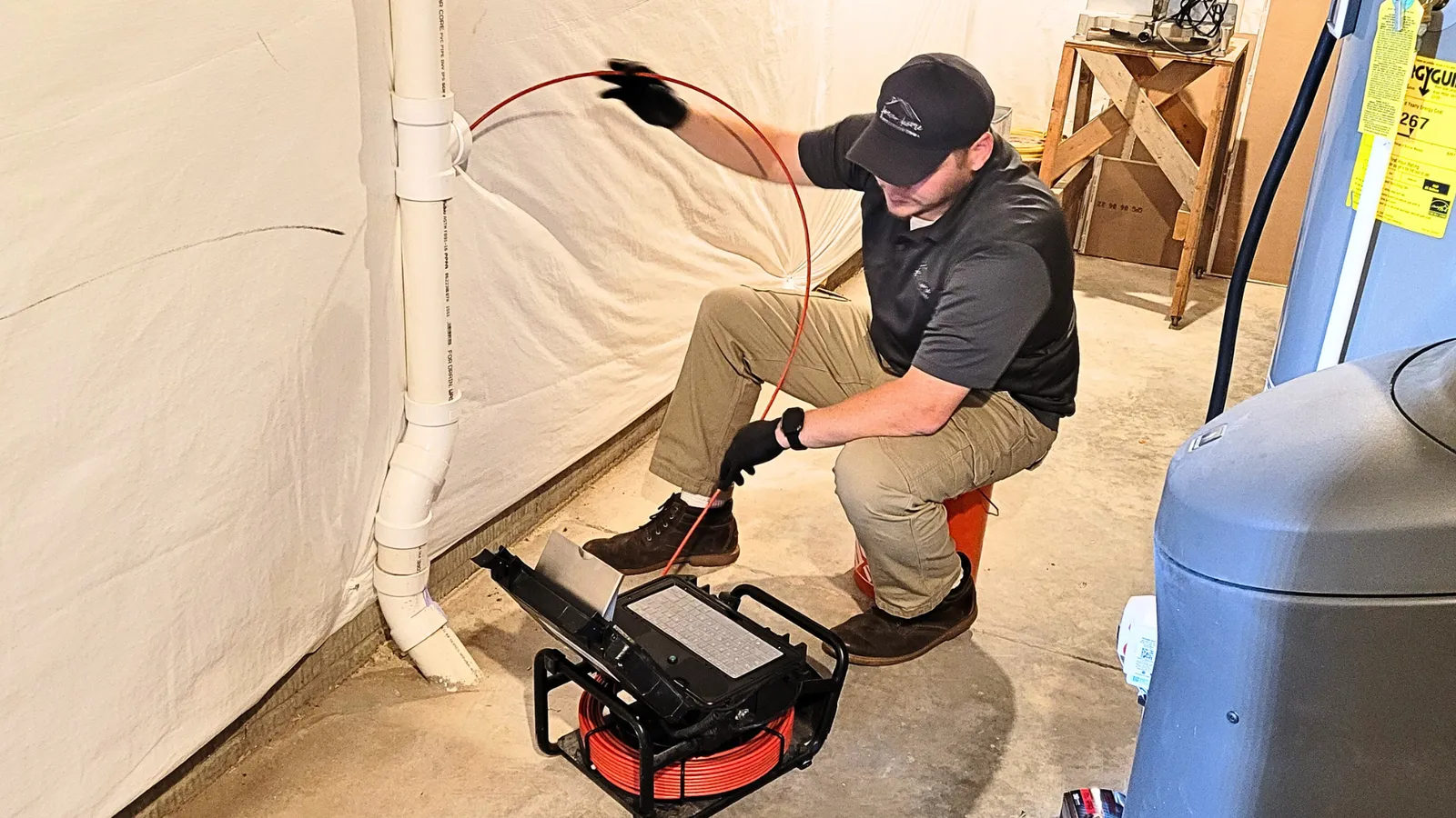 Inspector running a sewer camera from a basement cleanout