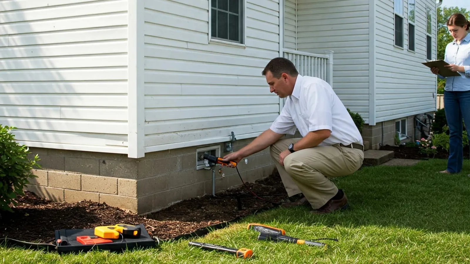 Inspector kneeling at the foundation with tools while a woman takes notes