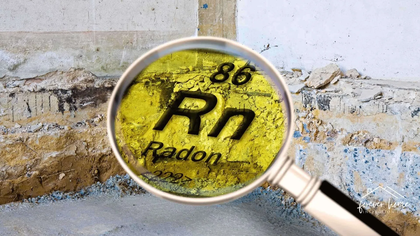 Magnifying glass over the radon (Rn) symbol on a concrete wall