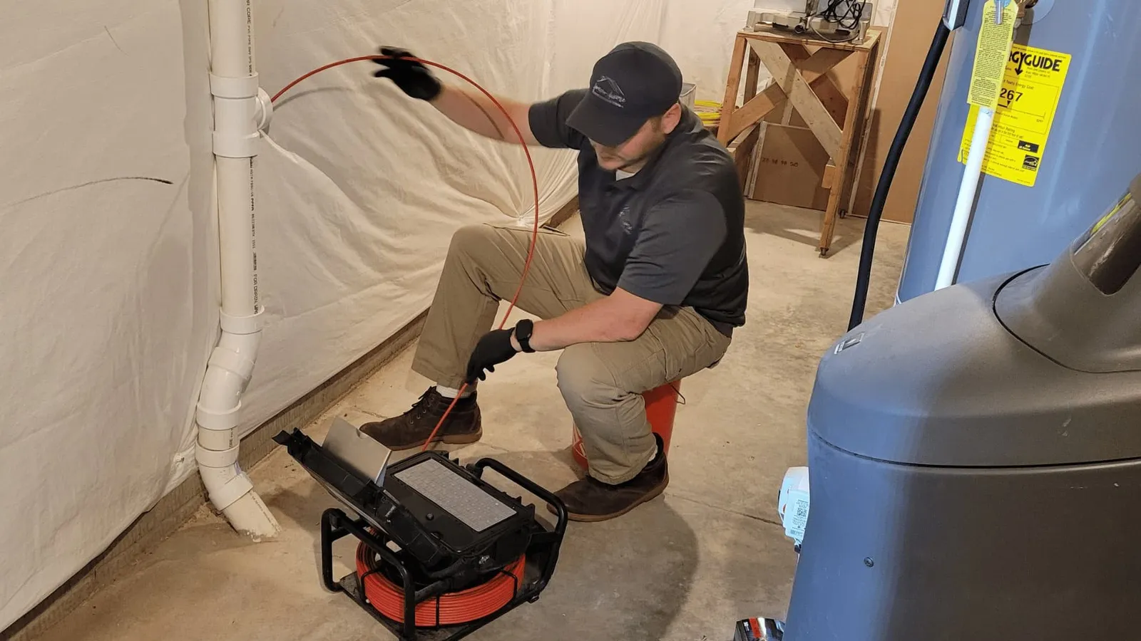 Inspector running a sewer camera from a basement cleanout