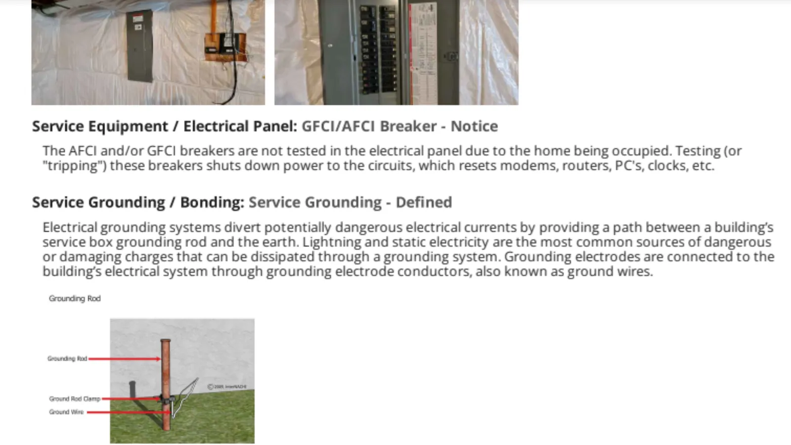 Sample report page about electrical panel GFCI/AFCI breakers and grounding