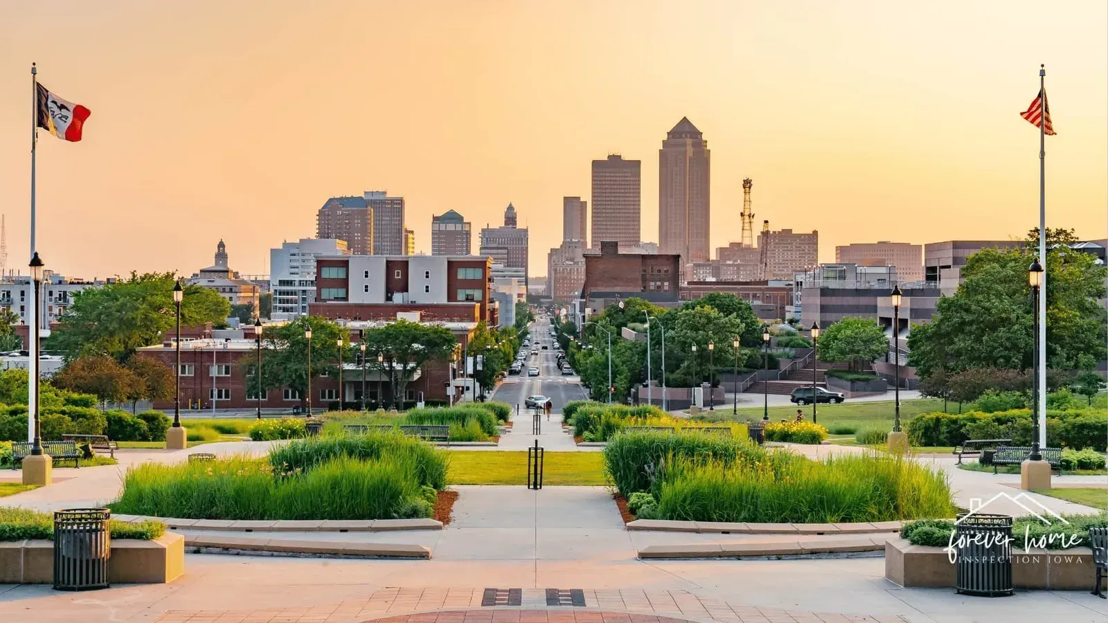 Downtown Des Moines skyline viewed from the Iowa State Capitol grounds