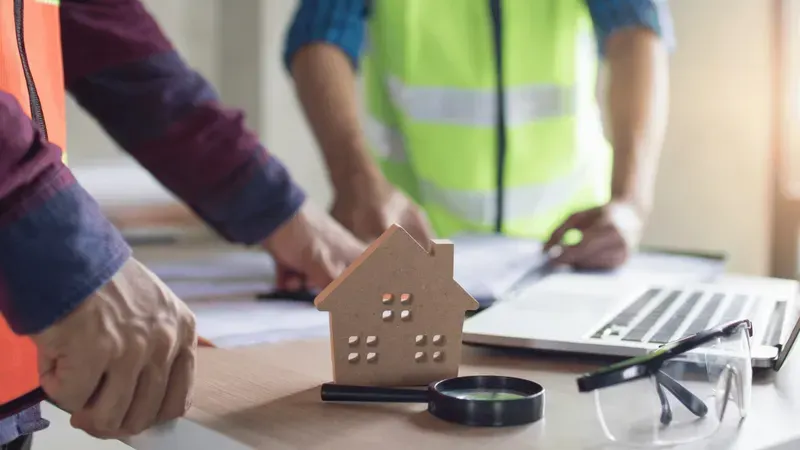 People reviewing paperwork beside a small wooden house and a laptop