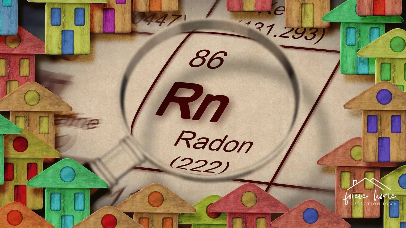Magnifying glass over the radon (Rn) symbol, surrounded by small colorful houses
