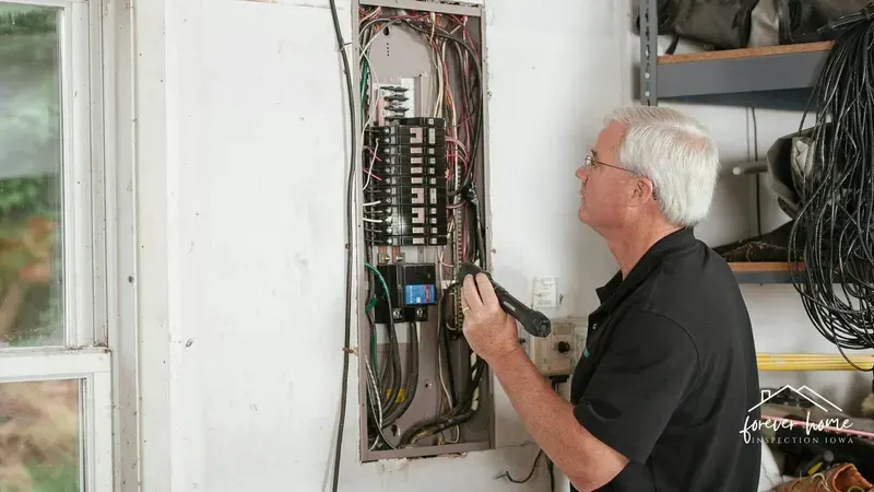 Inspector examining the wiring in an open electrical panel