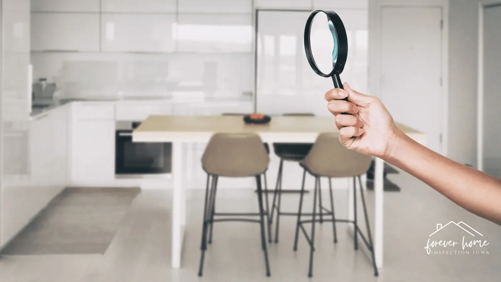 Hand holding a magnifying glass up to a bright, modern kitchen