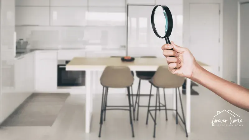 Hand holding a magnifying glass up to a bright, modern kitchen