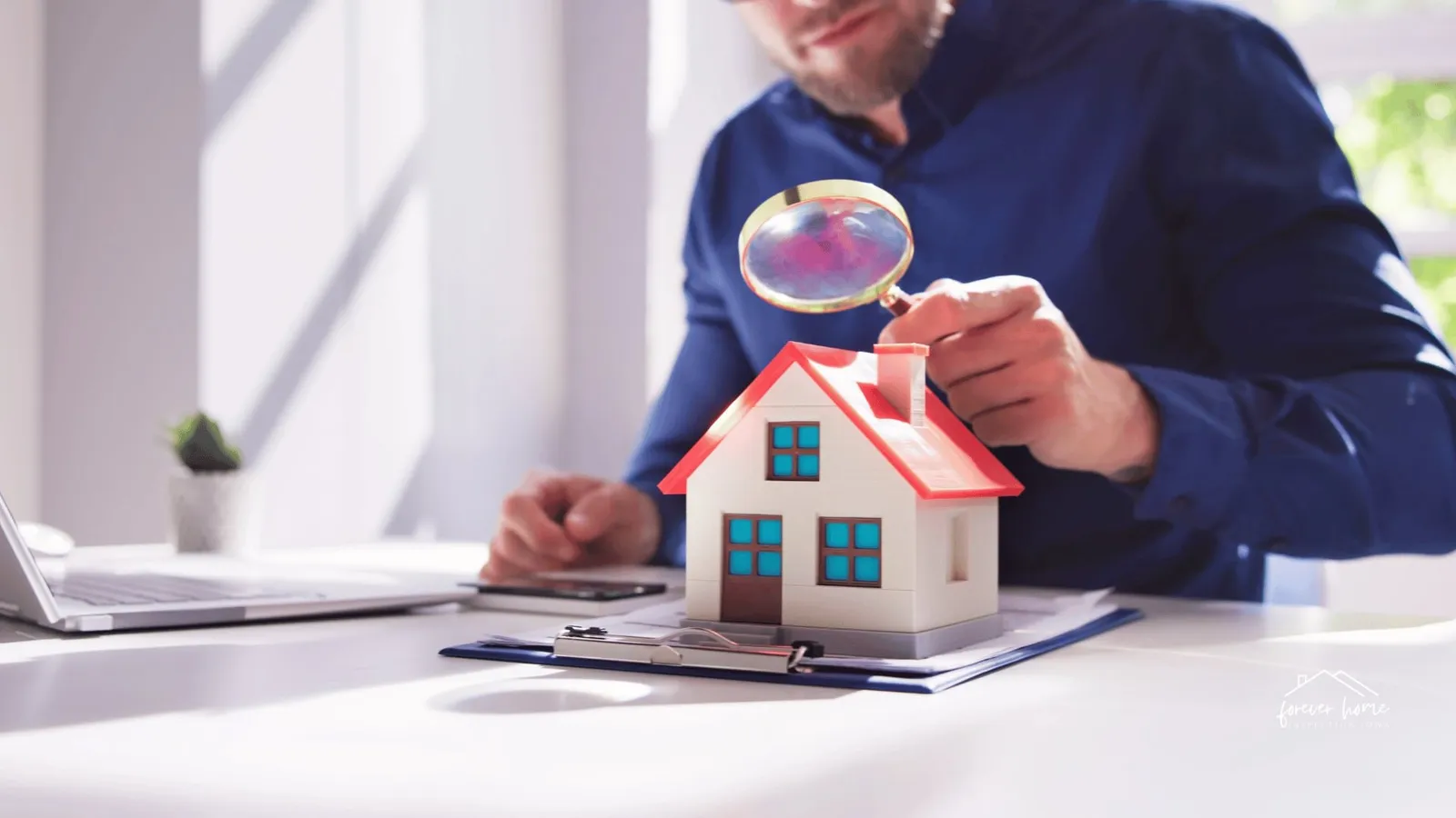 Person using a magnifying glass over a small model house at a desk