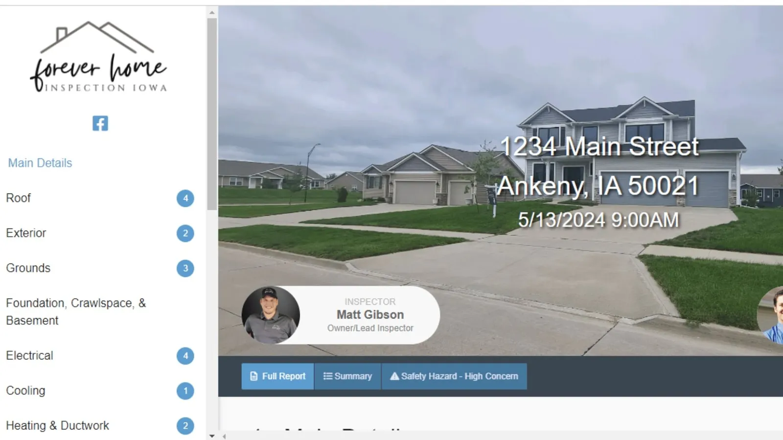 Inspection report software showing a home's report summary and section menu