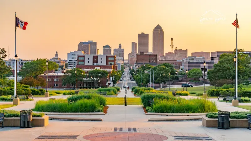 Downtown Des Moines skyline viewed from the Iowa State Capitol grounds