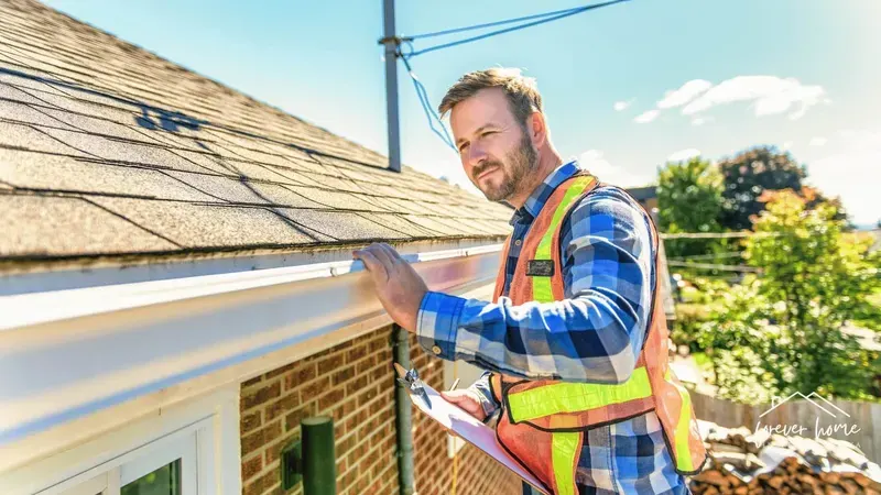 Roofer in a safety vest checking shingles at the edge of a roof