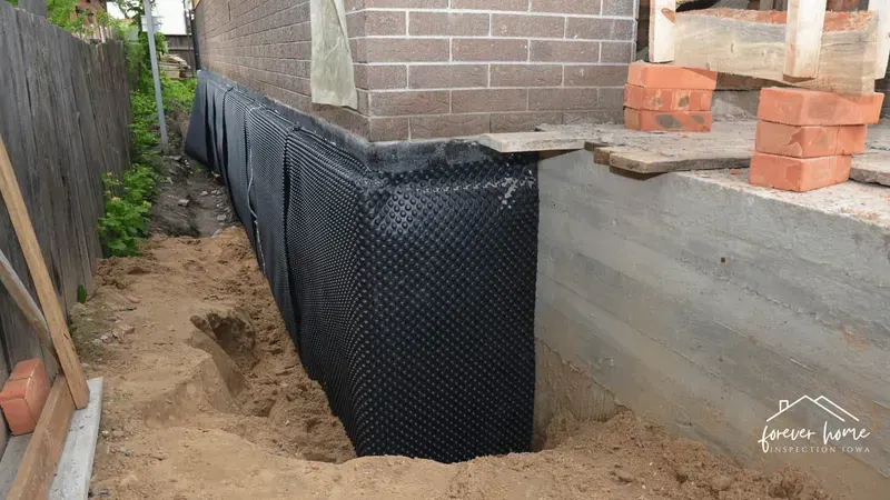 Excavated foundation wall with a dimpled drainage membrane